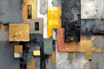 Abstract textured artistic geometric oil painting in black, grey and gold tones in boho style using palette knife