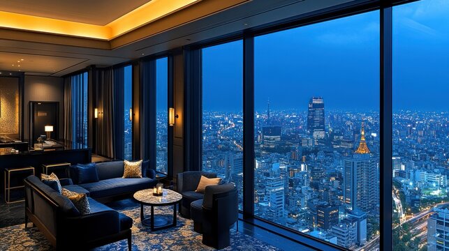 High-rise city lounge at twilight