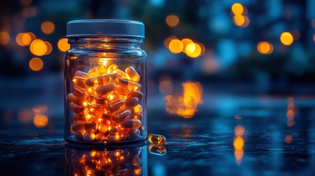 Illuminated pills in a clear jar at night