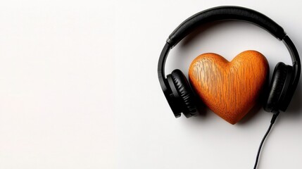 happy fathers day wooden heart with black headphones and white card on bright background music gift idea for dad. A delightful acoustic melody gift for a loving father a charming wooden