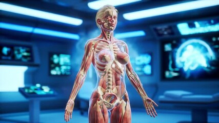 Anatomical rendering of a female figure with visible muscles in a futuristic medical environment - Powered by Adobe