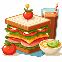 Sandwich beverage  soup depicted in vibrant cartoon style against white background