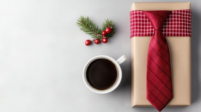 Vibrant Picture of Fathers Day Composition with Gift Box and Coffee. A delightful father s day image showcasing a present and a warm beverage ideal for a heartfelt celebration.