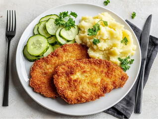Kotlet schabowy z ziemniakami i mizerią, tradycyjne polskie danie obiadowe. Breaded pork cutlet with mashed potatoes and cucumber salad, traditional Polish main course.