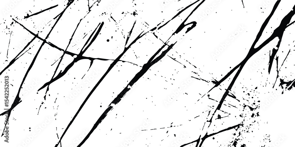Poster Abstract grunge splatter line pattern on white and transparent background. Abstract ink splatter pattern on a white background. Intricate designs of lines and dots in various sizes, creating a dynamic