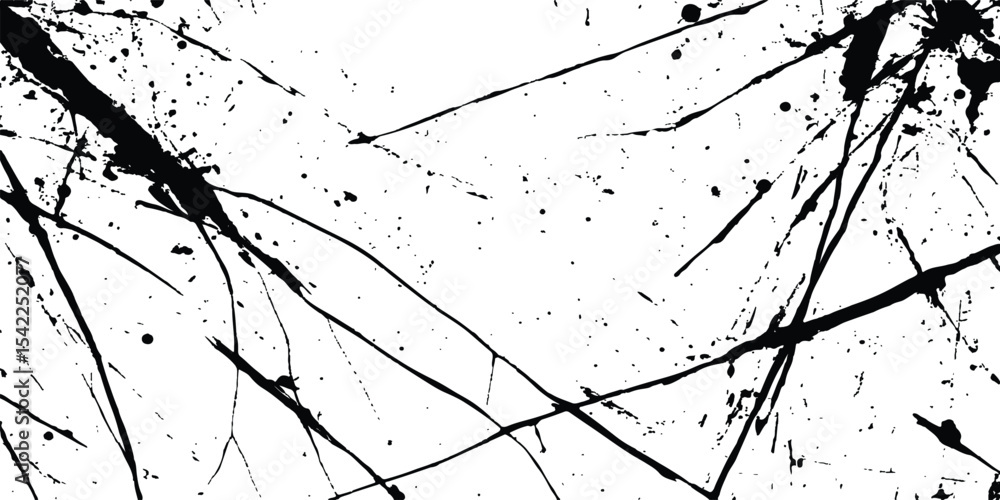 Poster Abstract grunge splatter line pattern on white and transparent background. Abstract ink splatter pattern on a white background. Intricate designs of lines and dots in various sizes, creating a dynamic