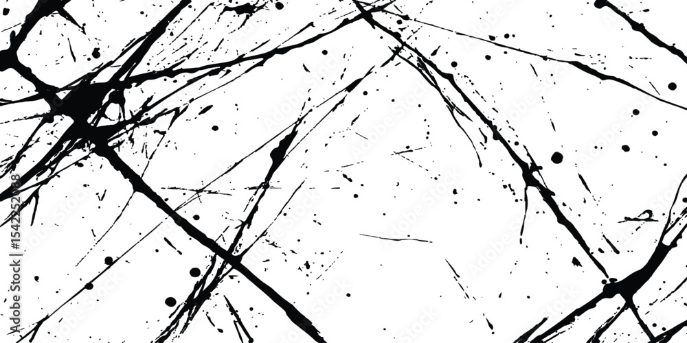 Poster Abstract grunge splatter line pattern on white and transparent background. Abstract ink splatter pattern on a white background. Intricate designs of lines and dots in various sizes, creating a dynamic
