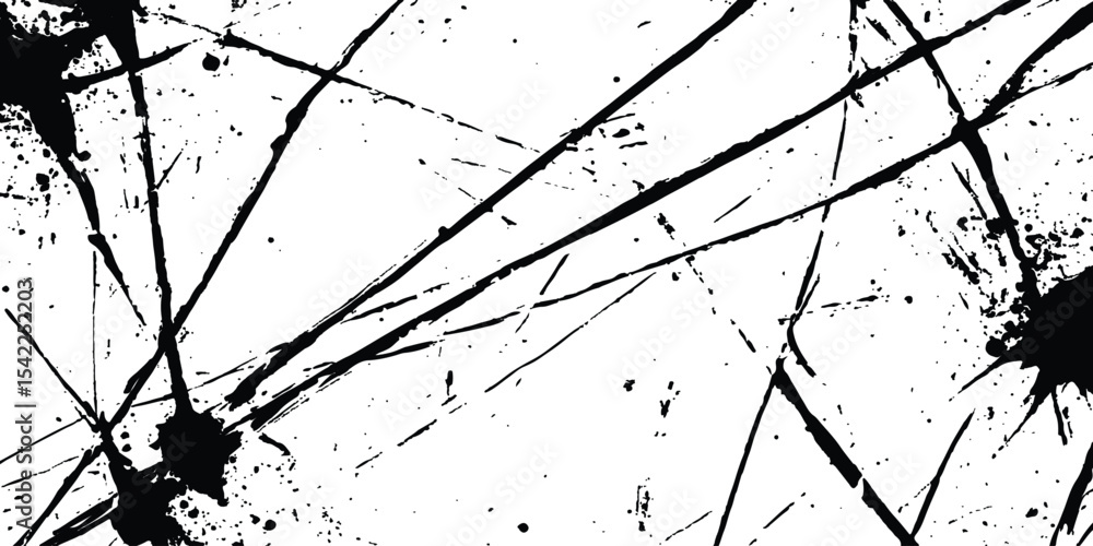 Poster Abstract grunge splatter line pattern on white and transparent background. Abstract ink splatter pattern on a white background. Intricate designs of lines and dots in various sizes, creating a dynamic