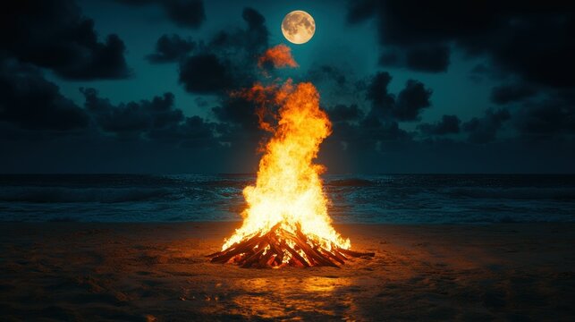 Night beach bonfire, full moon