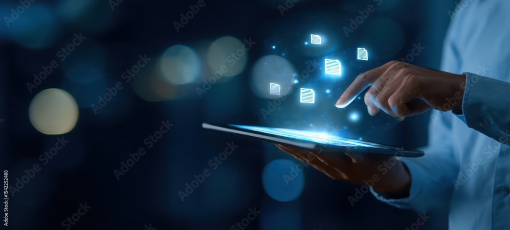 Poster the tablet displays digital icons for innovative user interaction in a modern setting.