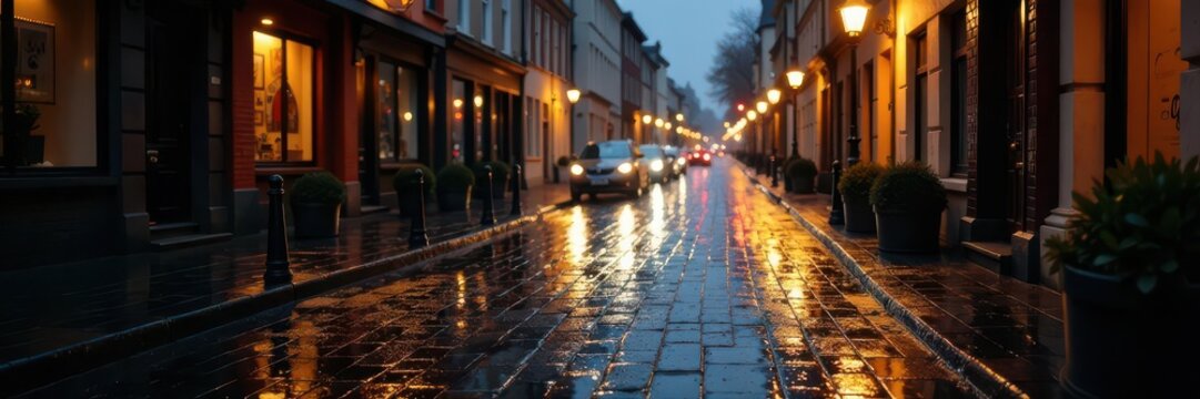 Fototapeta Rain-soaked cobblestone street, glistening reflections, close-up, backdrop