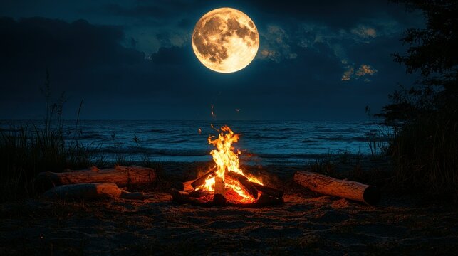 Night campfire on beach under full moon