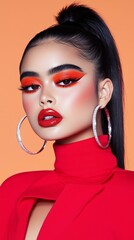 Vibrant glamour: bold makeup and fashion with red lips on orange background