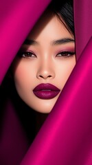 Elegant beauty: woman with bold makeup and vibrant pink fabric