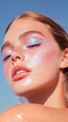 Glitter makeup on young woman's face underneath a clear blue sky