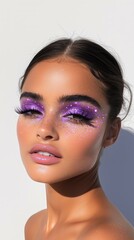 Vibrant purple glitter makeup on model with flawless radiant skin