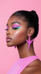 Bold fashion portrait of woman with vibrant makeup and pink earrings