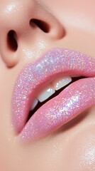 Close-up of sparkling pink glitter lips with glossy shine and perfect teeth