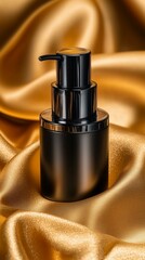 Luxurious black bottle dispenser on smooth golden fabric background