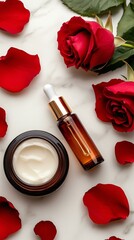 Luxurious skincare with cream, serum, and red roses on marble background