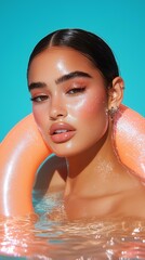 Radiant beauty: glamorous woman with glitter makeup and pink inner tube in sparkling water