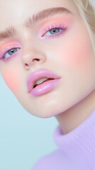 Close-up portrait of woman with pastel makeup and soft expression