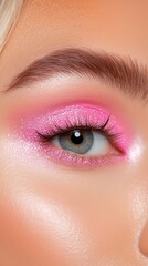 Close-up of sparkling pink eye makeup with shimmering eye shadow and flawless eyebrow