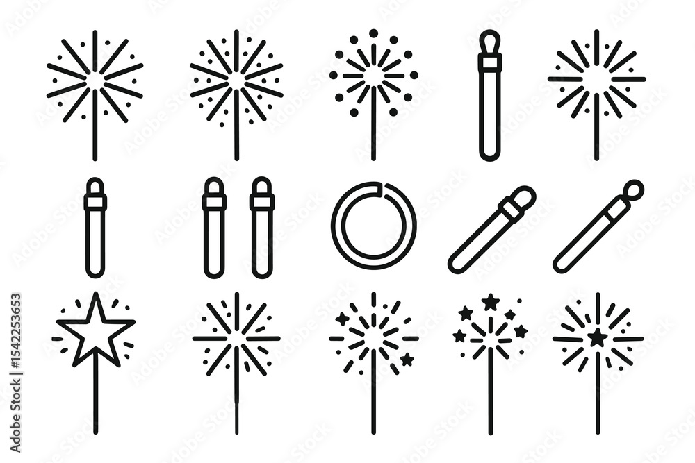 Poster set of firework sparkler icons with various designs and patterns