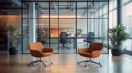 Modern Office Waiting Area with Orange Chairs and Glass Wall,Workplace , Interior