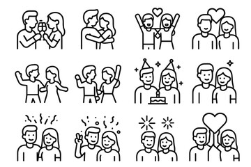 Obraz premium Line art illustrations of couples and friends celebrating and bonding together