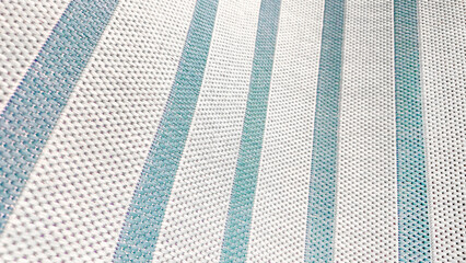 Close-up View of Vintage Woven Turquoise Aqua Bright White Ticking Striped Fabric Texture. Ideal...