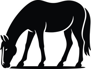 Grazing horse silhouette black and white design, Calm horse feeding minimal illustration