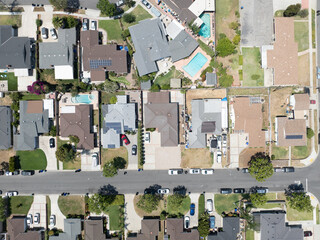 Day time aerial view of the Uptown area of Whittier with house and street, California, USA