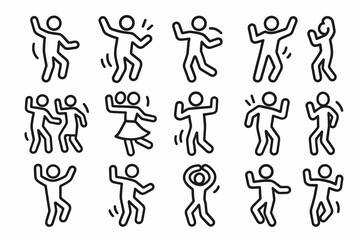 Simple line art illustrations of dancing figures in various joyful poses