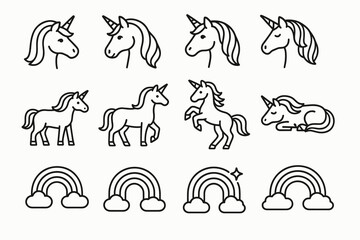 Cute unicorn and rainbow outline icons set in various poses