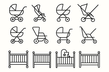 Icon set of baby strollers and cribs in minimalist black and white line art