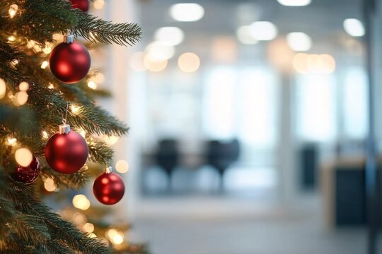 Office Christmas Tree with Red Ornaments and Bokeh Background, holiday , festive