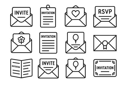 Set of invitation icons: envelopes, cards, rsvp, symbols for events and celebrations
