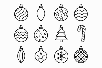 Outline of various christmas ornaments and candy cane in black and white