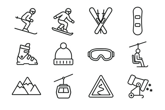 Winter sports icons: skiing, snowboarding, equipment, and activities