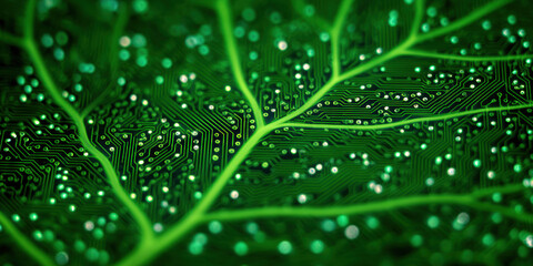 Green leaf pattern blends with circuit board design symbolizing zero emission solution for sustainable technology innovation