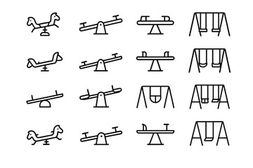 Minimalist playground equipment icons featuring swings, see-saws, and rocking horses