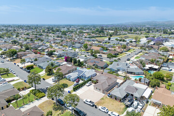 Day time aerial view of the Uptown area of Whittier with house and street, California, USA