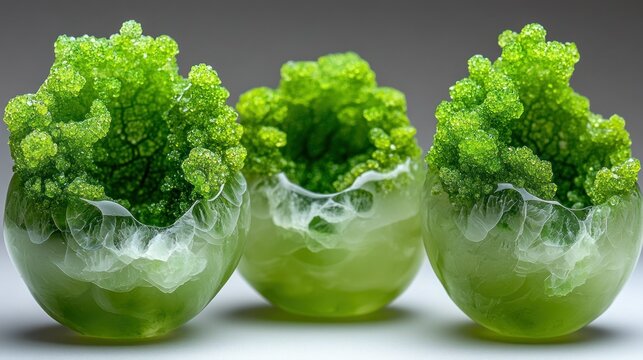Three lime-green orbs with intricate, cluster-like green details, nestled in white-veined interiors