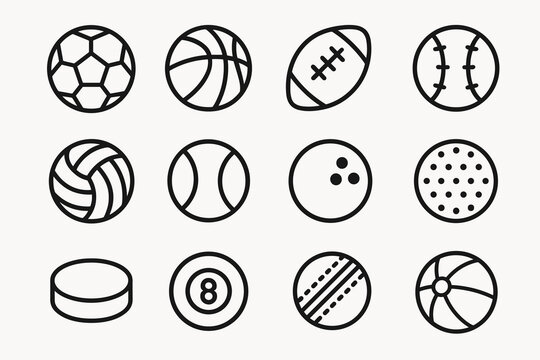 Set of twelve black outline iconic sports balls on white background