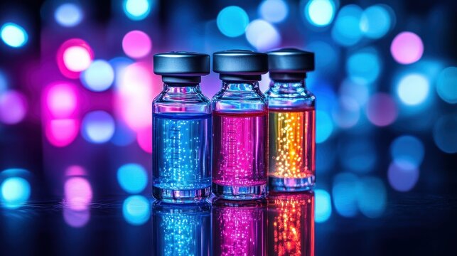 Three vials of vibrant colored liquid,  reflecting on dark surface, against a bokeh background