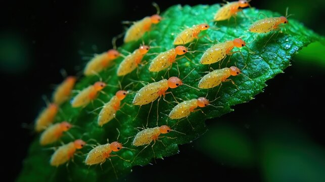 Tiny orange insects on a green leaf