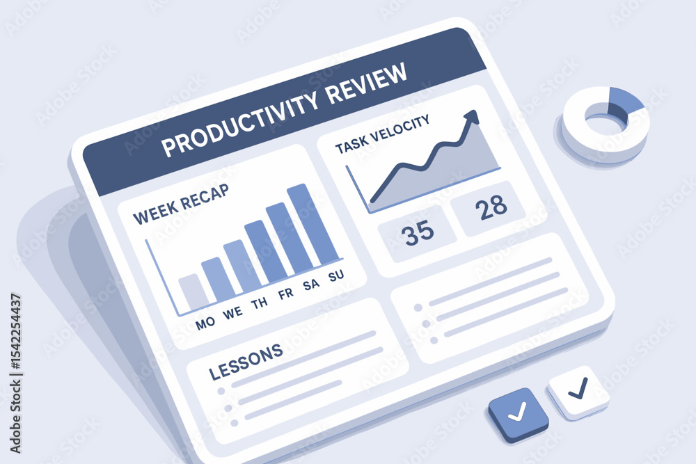 Poster minimalist productivity review dashboard with weekly recap and task velocity chart