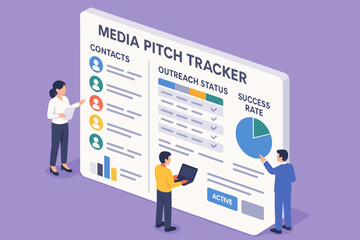 Media pitch tracker dashboard with diverse team analyzing success rate