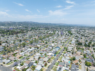Day time aerial view of the Uptown area of Whittier with house and street, California, USA